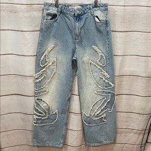 Bershka Baggy Wide Leg Blue Jeans 6 Light Wash Denim Frayed Texture Design EUC